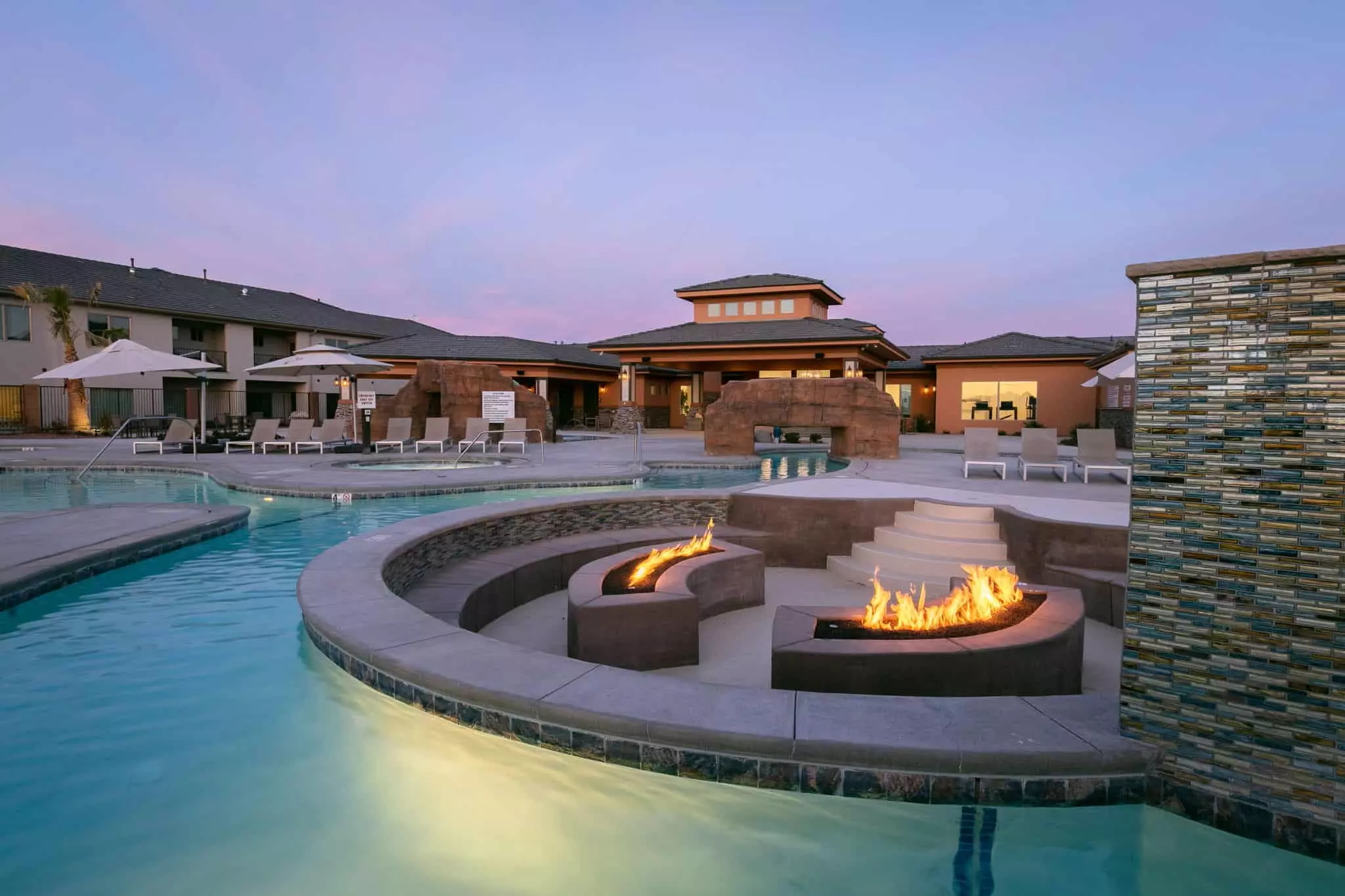 fire pits surrounded by lazy river
