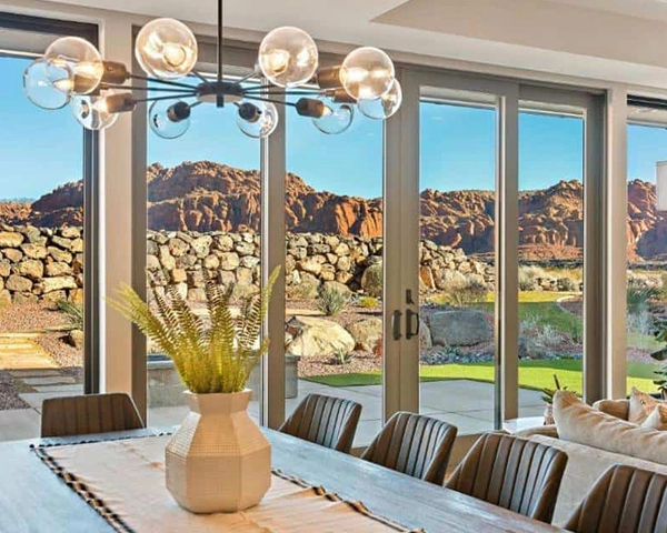 dining room with mountain view