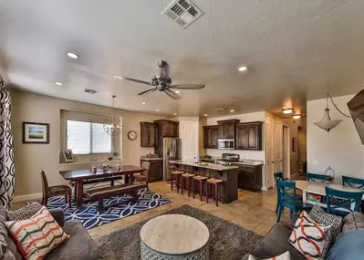 Family Hideaway rental living room and kitchen