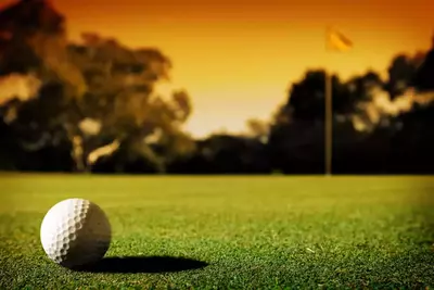 golf ball resting on course at sunset