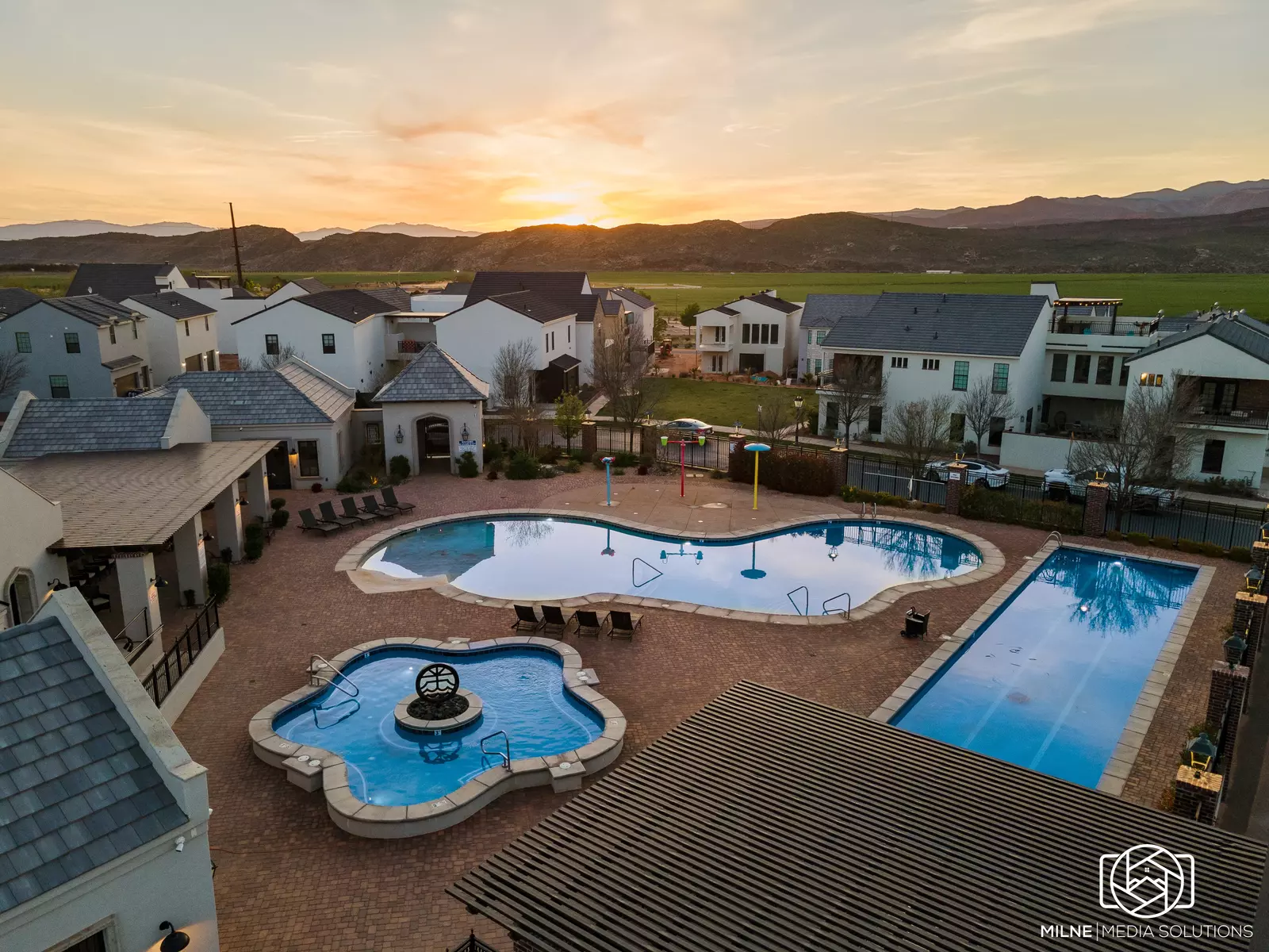 Aerial View of Clubhouse, Pool, and Hot Tub