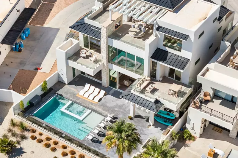 Aerial View: Patio with Private Pool and Hot Tub