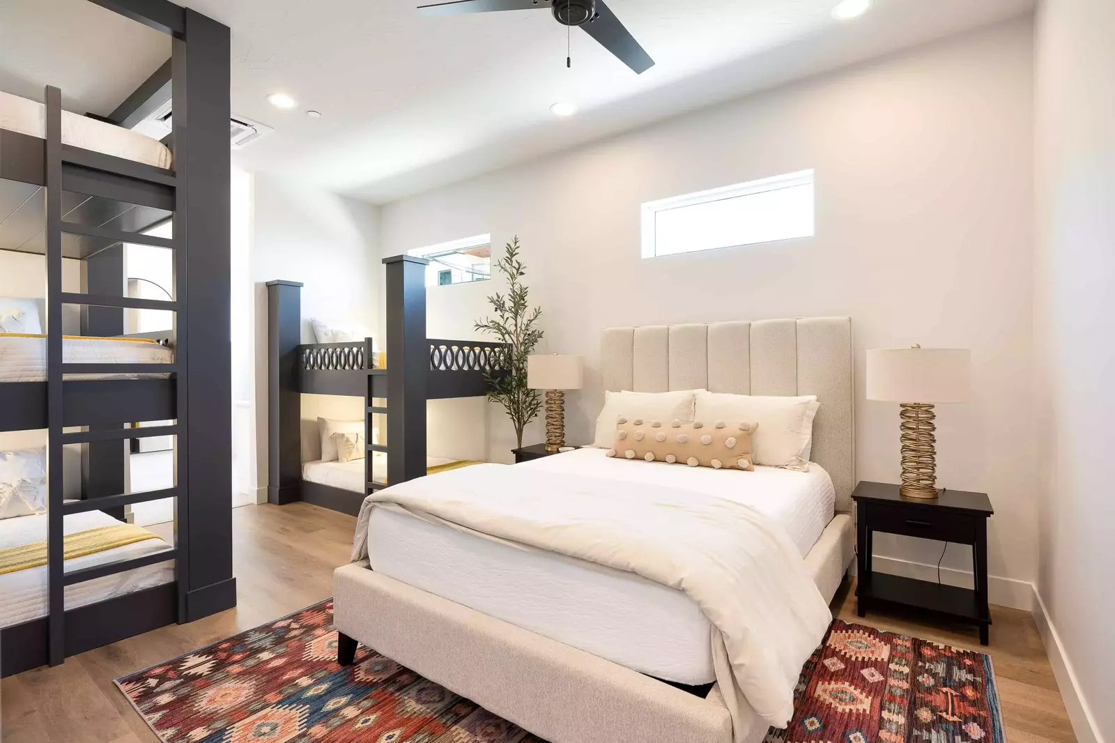 Queen Bedroom with Triple Twin Bunk Beds and Double Twin Bunk  with Attached Bath
