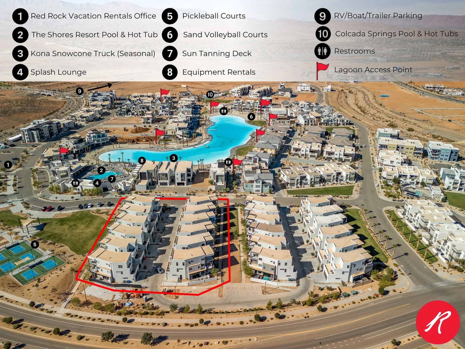 Aerial view of a resort community featuring modern accommodations, recreational facilities, pools, and desert landscape surroundings.