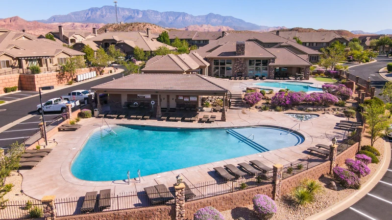 Aerial View of Clubhouse, Pool and Hot Tub