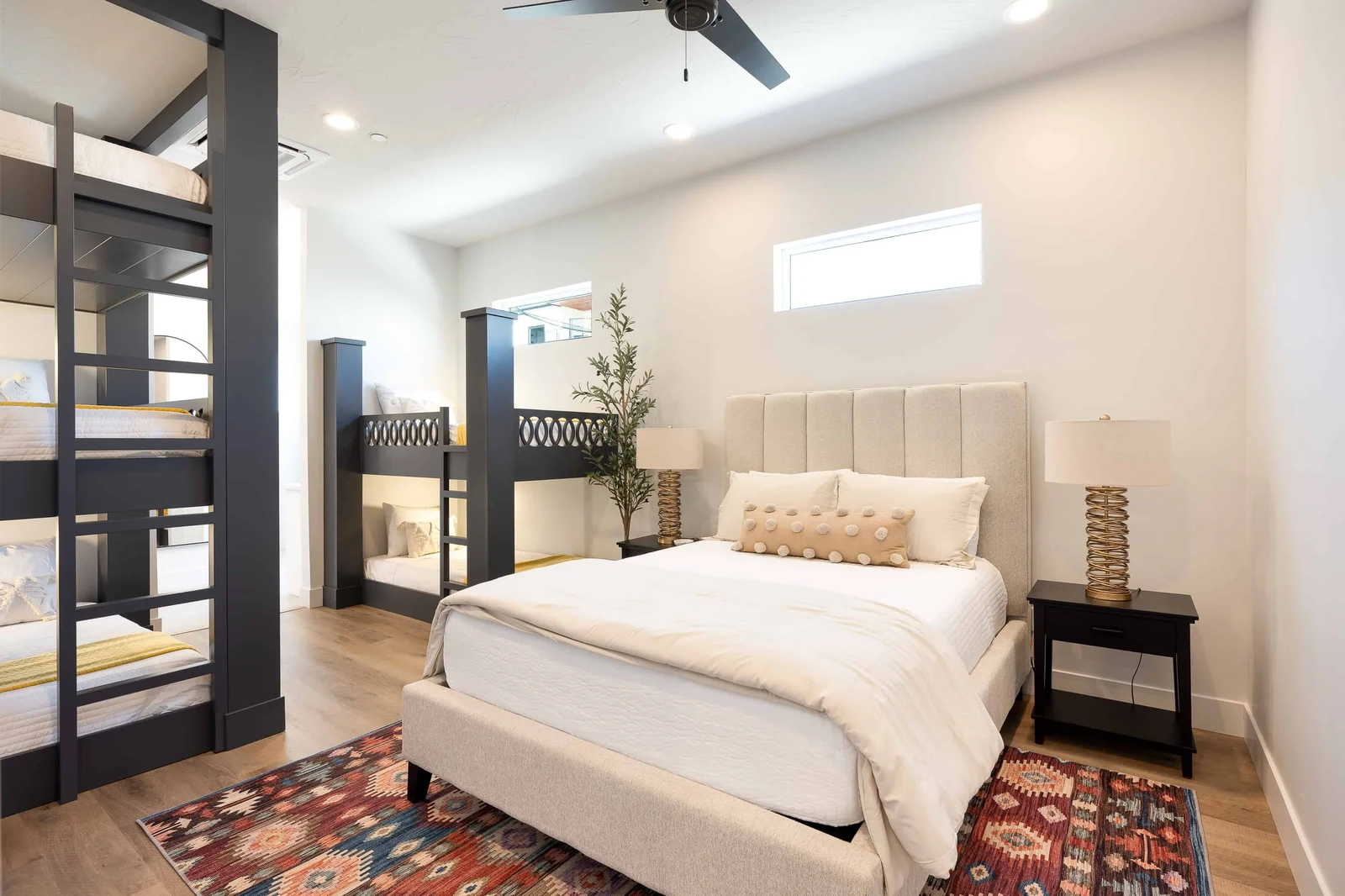 Queen Bedroom with Triple Twin Bunk Beds and Double Twin Bunk  with Attached Bath