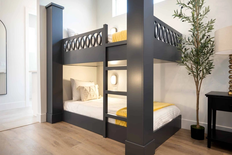 Queen Bedroom with Triple Twin Bunk Beds and Double Twin Bunk with Attached Bath