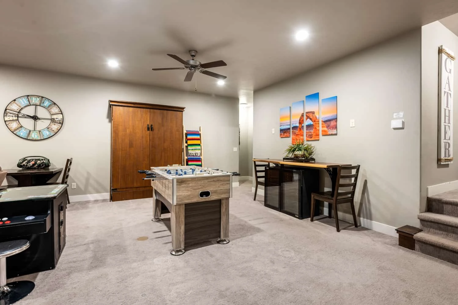 Basement Living Room with Foosball Table & Arcade Game